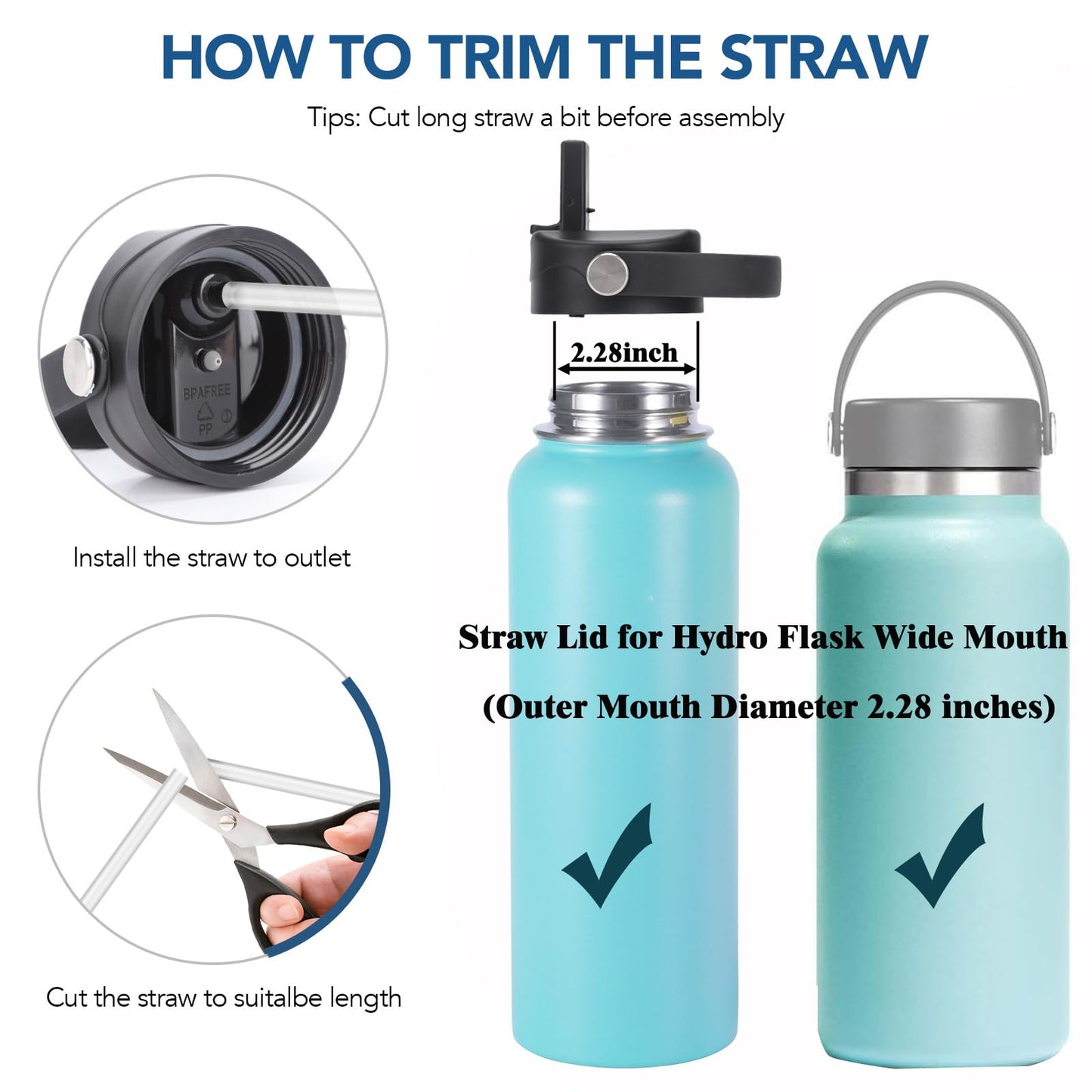 Straw lid for Wide Mouth Water Bottle 12oz 32oz 40oz 64oz 128oz, Compatible With Hydroflask Bottle, Replacement Cap Straw Cap With Big Nozzle, Lid with Straws and Brush with Flexible Handle