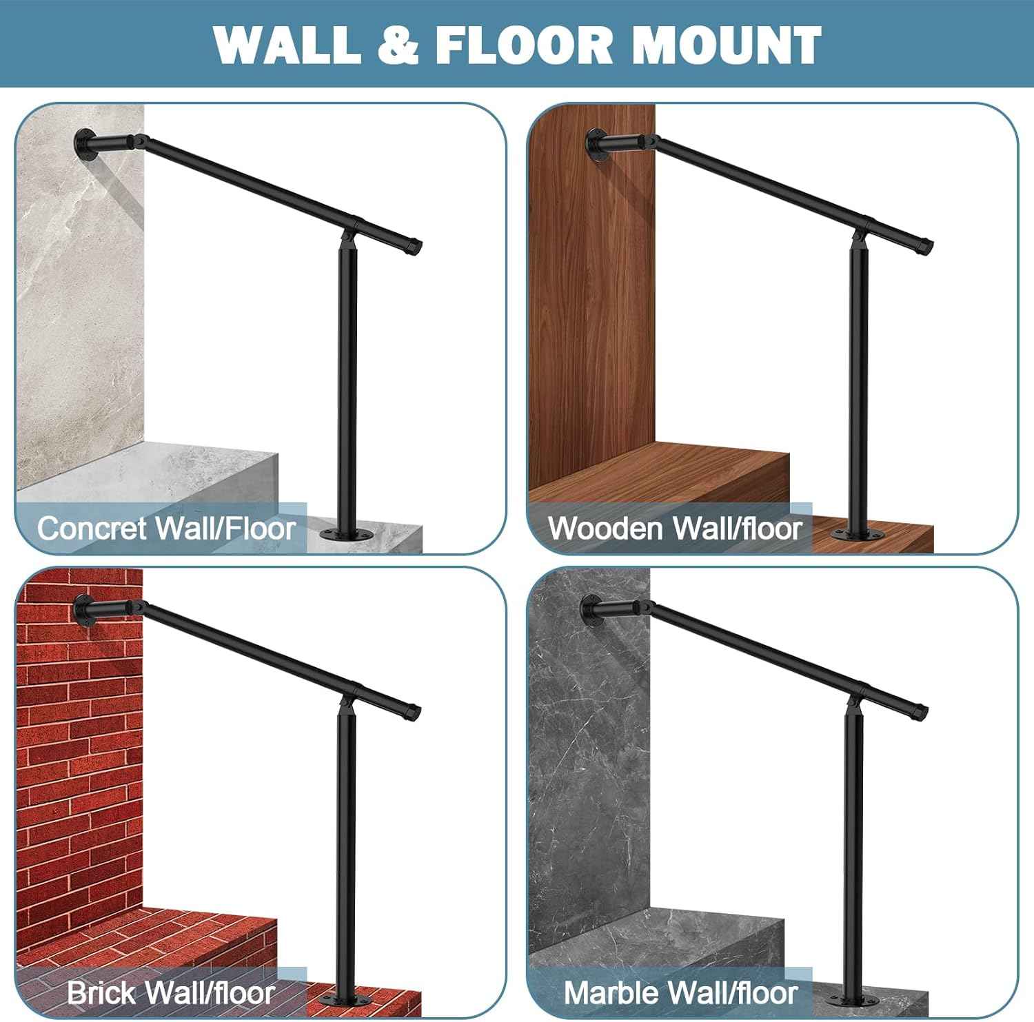 Hand Rails for Outdoor Steps - 2 Pack Metal Railing Kit for 1-3 Steps, Concrete & Brick