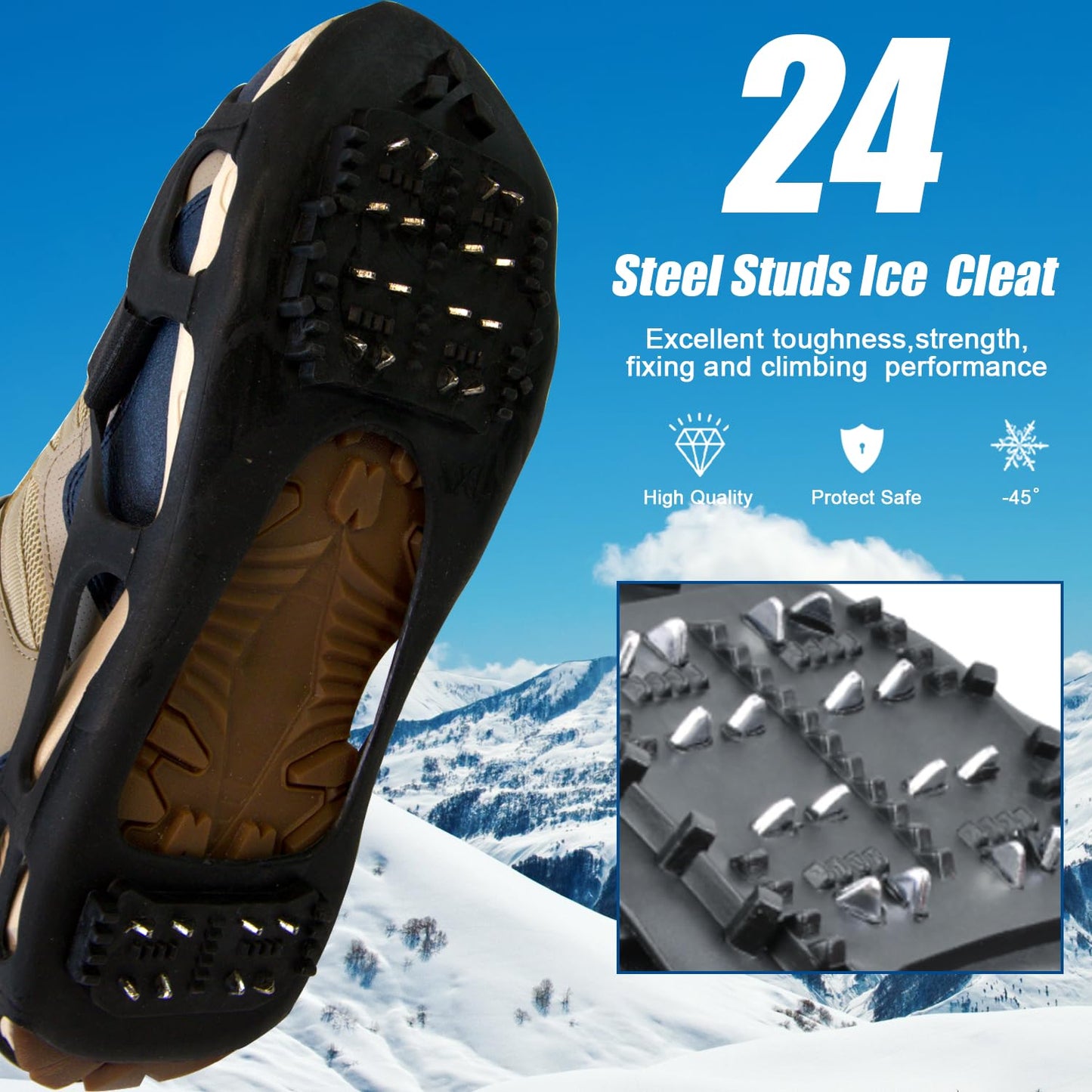 Traction Ice Cleat Spikes Non-Slip Over Shoe Rubber Spikes Crampons Anti Slip Anti Slip Crampons Slip-on Stretch Footwear (Medium(5.5-7 men/7-8.5 Women))