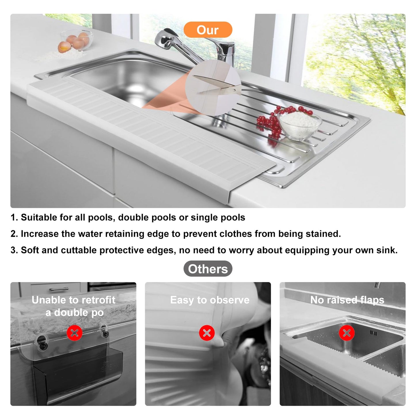 kitchen Silicone Sink Splash Guards & Edge Protector, 4"X20", Pure Silicone, Open Edge Protector Can Be Cut & DIY, Fits All Sinks