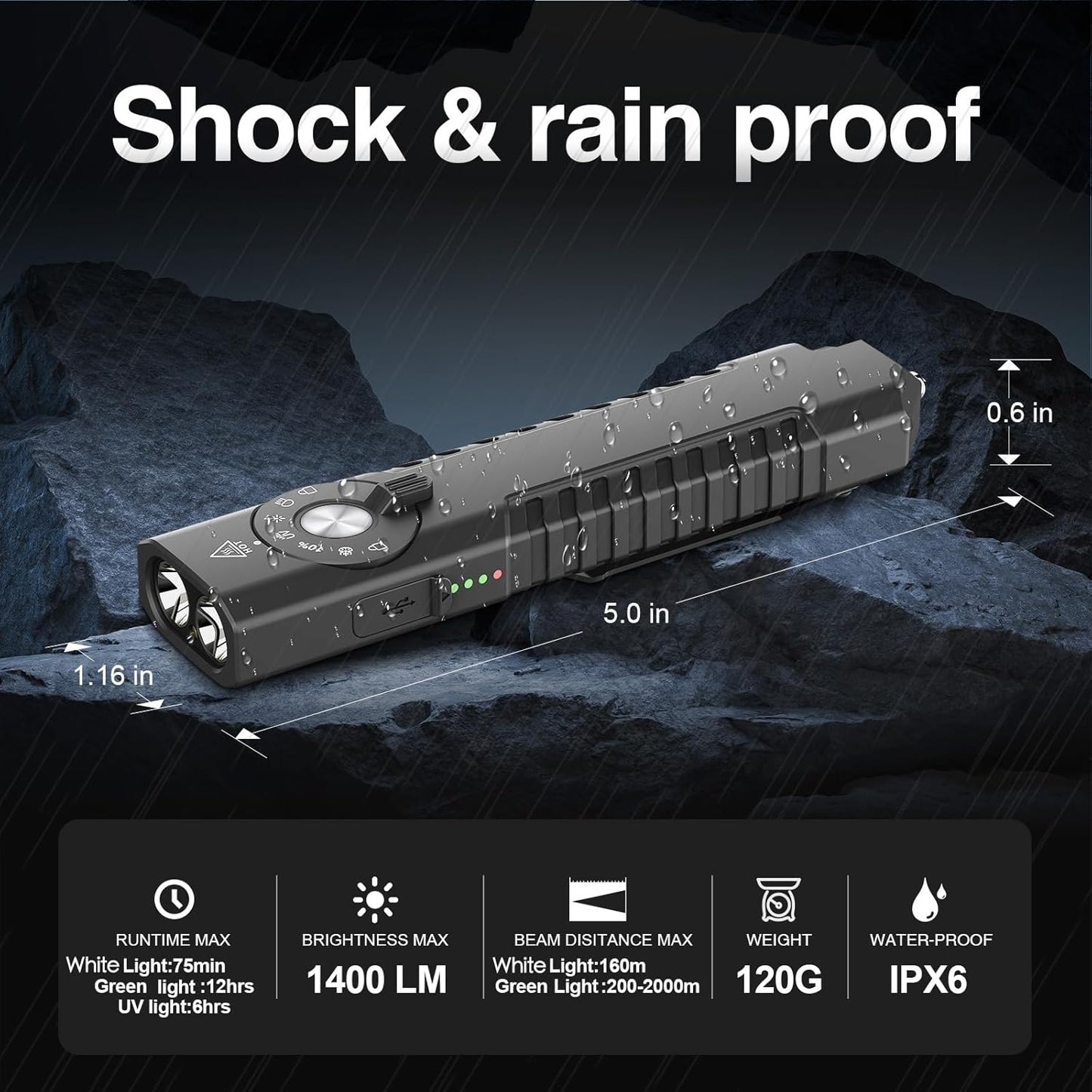 Solofish 1400-Lumen EDC Flashlight - 5-in-1 Portable Light with UV, Green & White LED, Rechargeable