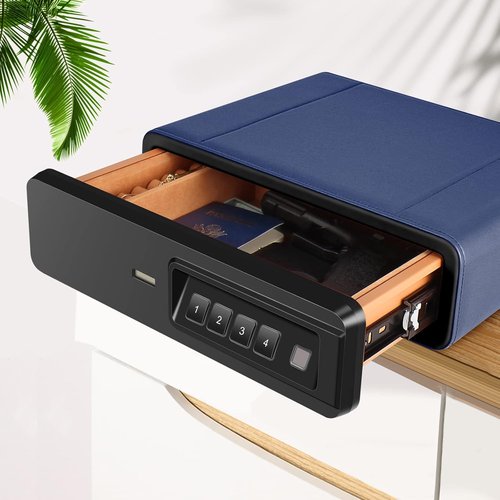 Biometric Fingerprint Safe - Slide-Away Handgun Safe for Pistols | Leather Jewelry Storage - Blue