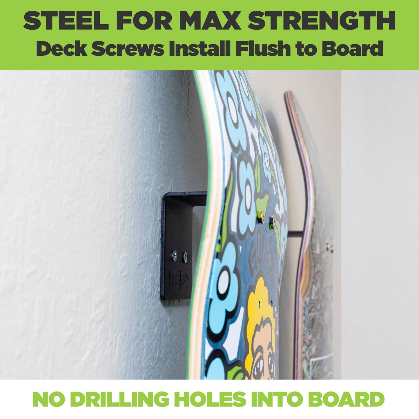 HIDEit Mounts Deck Mount - Steel Skateboard Deck Display Wall Mount - Skateboard Wall Hanger for Skate Decks - Skate Deck Wall Mount to Display Skateboard Decks - Patent Pending