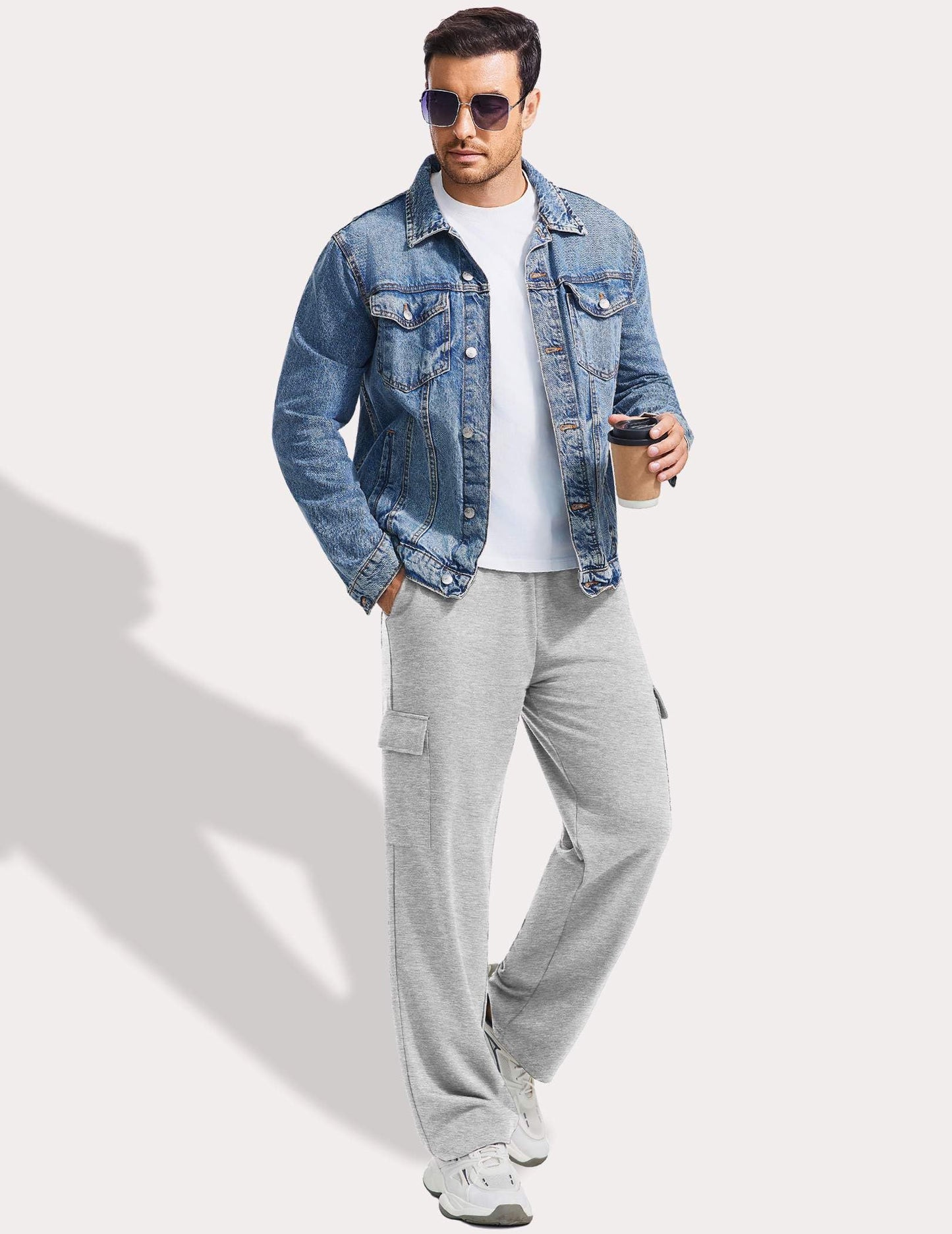 PINSPARK Cargo Sweat for Men Open Bottom Baggy Uncuffed Sweatpants Lounge Pants with Pockets Straight Leg for Casual Gym Light Grey