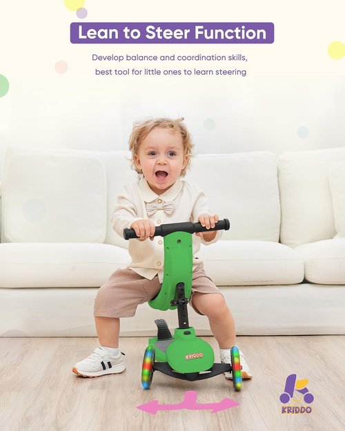 KRIDDO 3-in-1 Kids Scooter - Adjustable Height, Lighted Wheels & Wide Board | Ages 1-5, Indoor/Outdoor Use