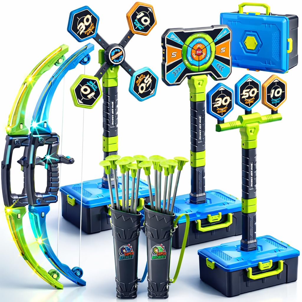2 Pack Bow and Arrow Toy for kids 5 6 7 8 9 10,LED Light-Up Bows Archery Set with 12 Suction Cup Arrows, 4 Fun Targets ,2 Quivers & Storage Box ,Indoor Outdoor Sport Game Gifts for Boys Girls 4-8 8-12