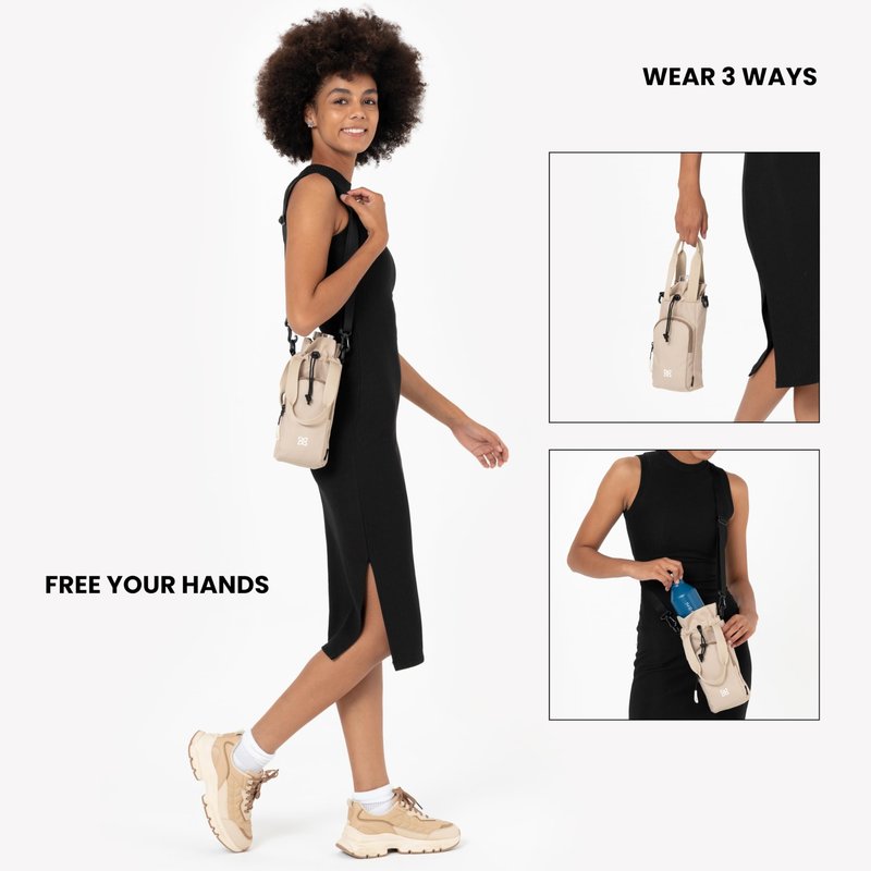 Sherpani Izzie, Water Bottle Holder with Adjustable Shoulder Strap, Hands-Free Crossbody Water Bottle Carrier Bag w/Phone Pocket, WaterBottle Tote for Women Walking, Hiking (Con Leche)
