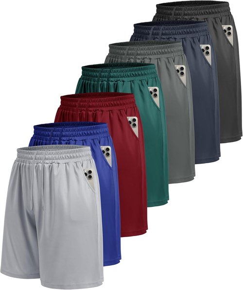 BOOJO Men's Athletic Shorts - Quick Dry Gym & Basketball Shorts | 7-Pack Black with Pockets