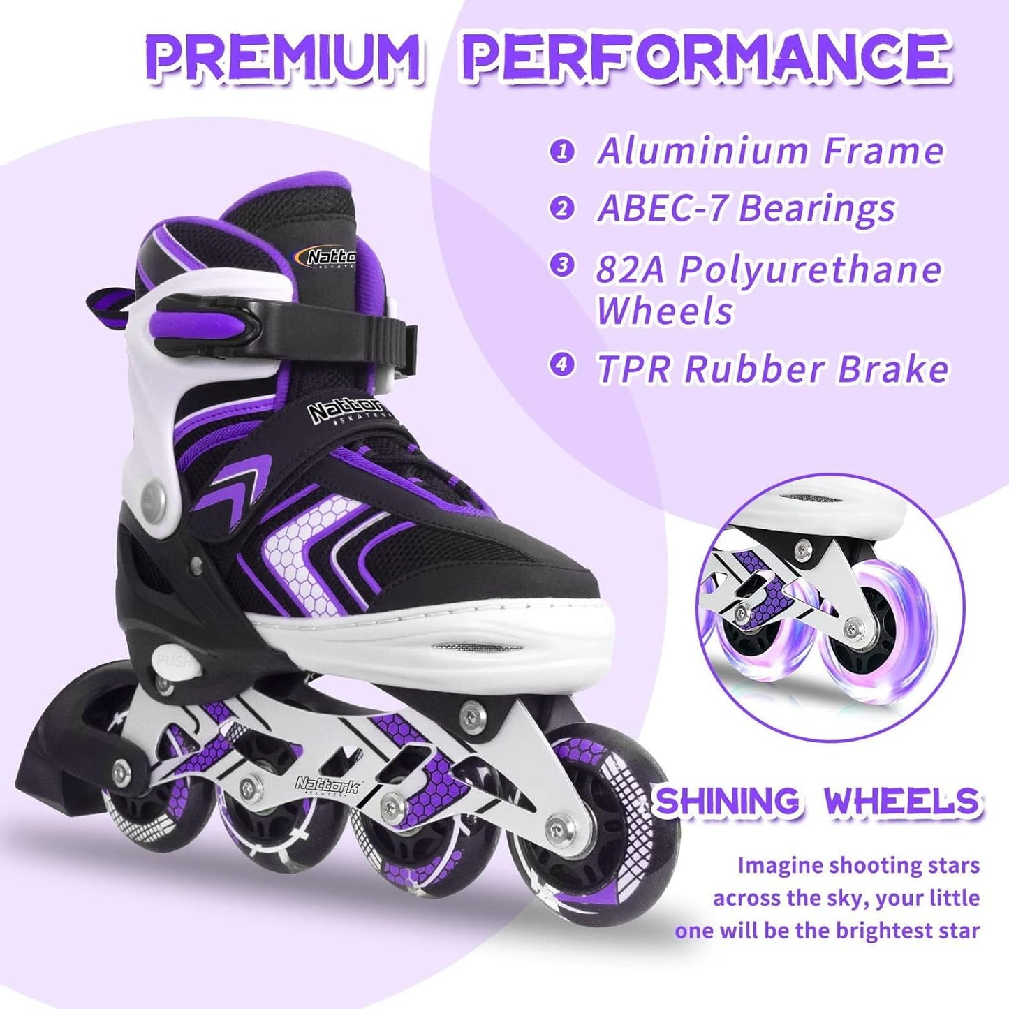 Nattork Adjustable Inline Skates - Light-Up Wheels for Kids | Beginner Roller Skates in Purple, Pink, Blue, Black