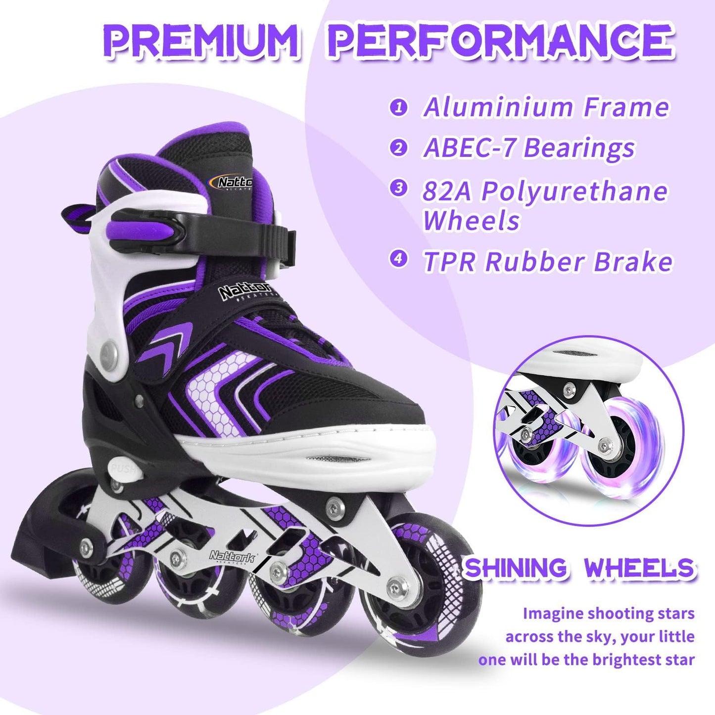 Adjustable Inline Skates for Girls, Girls Roller Skates with All Light up Wheels for Big Kids, Purple, Size 1 2 3 4