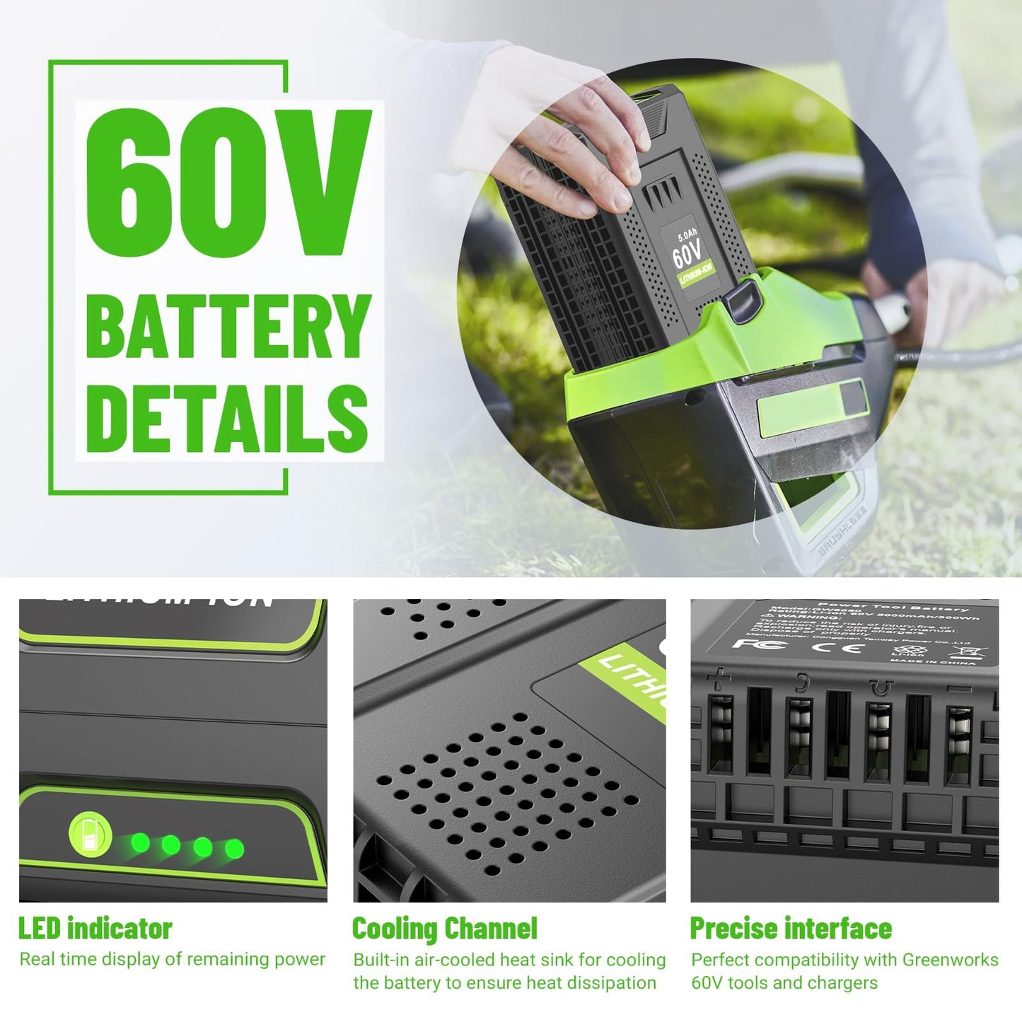 Cukect 60V 5.0Ah Lithium Battery Replacement for Greenworks 60V Battery, Compatible with Greenworks 60 Volt Batteries LB604, 2908502, LB6042, LB60A00, LB60A01, LB60A02, Fit for 60 Volt Power Tools