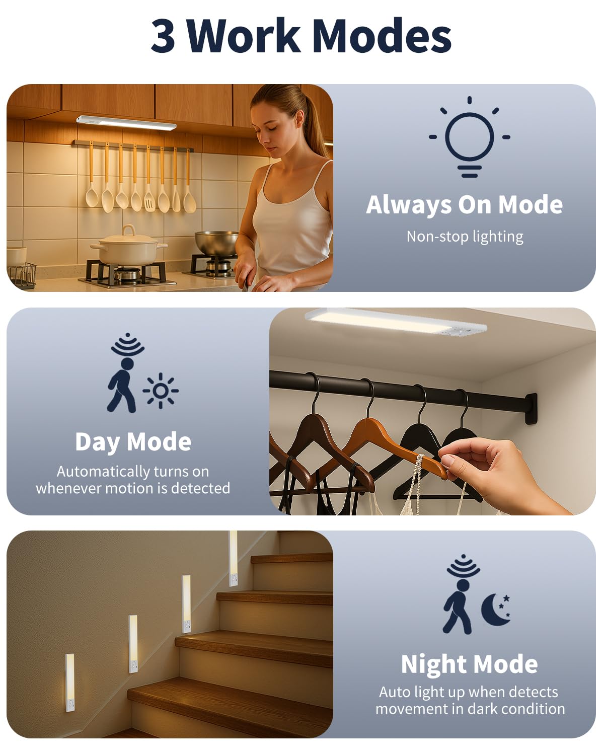 FBY Under Cabinet Lighting,1800mAh USB Rechargeable Closet Light, 8-Inch LED Motion Sensor Indoor, 3-Level Adjustable Brightness and 3 Color Temperature Options (3Pack)