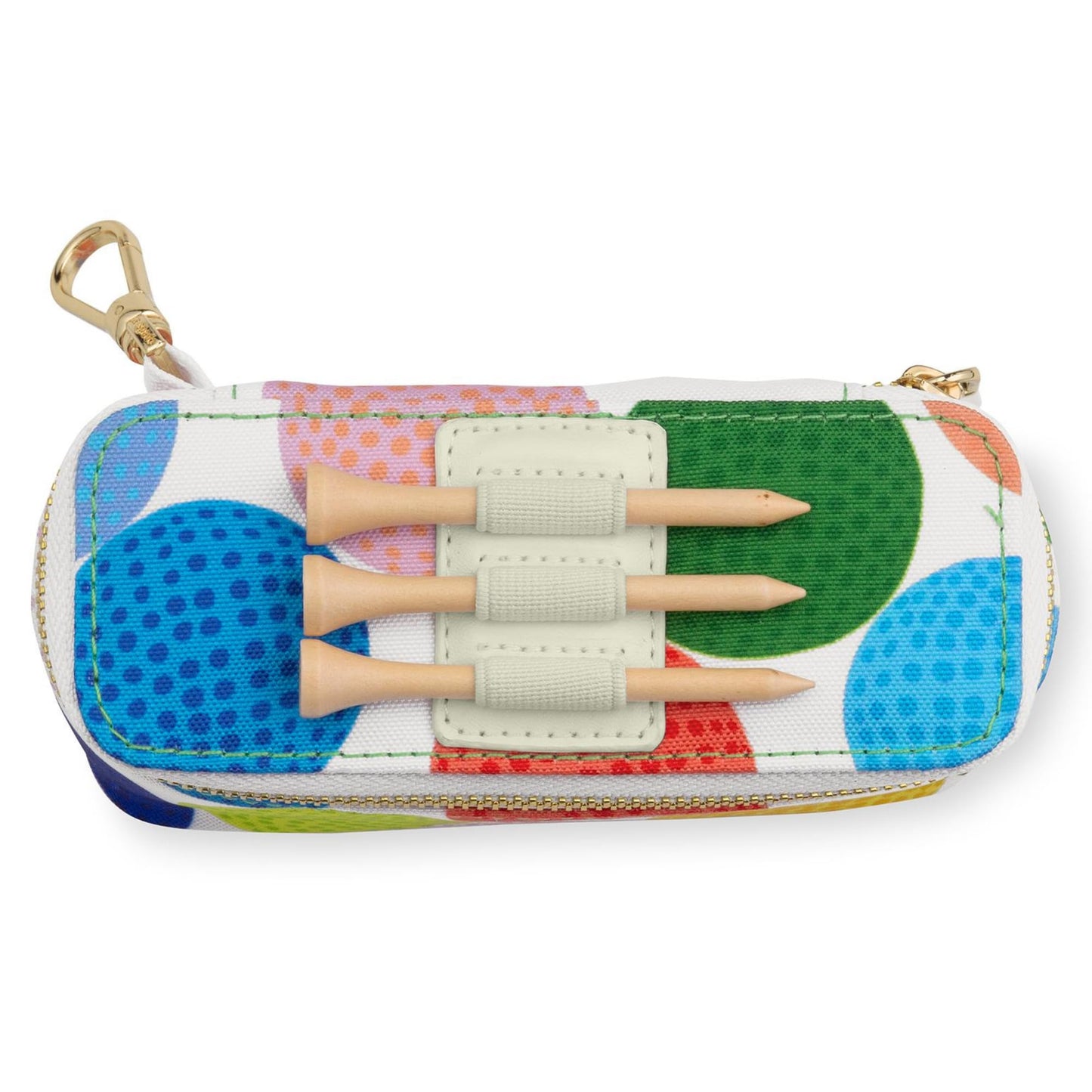 Kate Spade New York Women's Golf Set - 3 Wooden Tees & 3 Balls With Zipper Pouch, Gold Clasp Secures to Bag, Golfball Pattern Mini