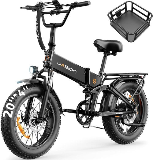 Jasion X-Hunter Foldable Electric Bike - 1400W Motor, 30MPH, 70+ Miles Range, Full Suspension, 20'' Fat Tires, Black & Grey