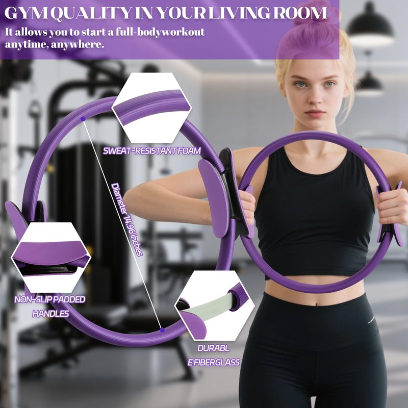 14 Pcs Pilates Kit Home Workout Kit for Women, Pilates Equipment with 14.9" Pilates Ring and Ball, Resistance Bands, Sliders & Grip Socks Starter Pilates Essentials Kit for Gym Studio Travel（Purple）