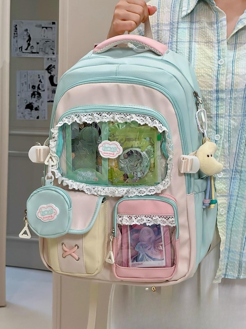 ZQW Kawaii Cute Backpack for Women Y2K Aesthetic Anime ITA Bag with Lace Trim Badges Display Clear Panel Casual Daypack (Blue)