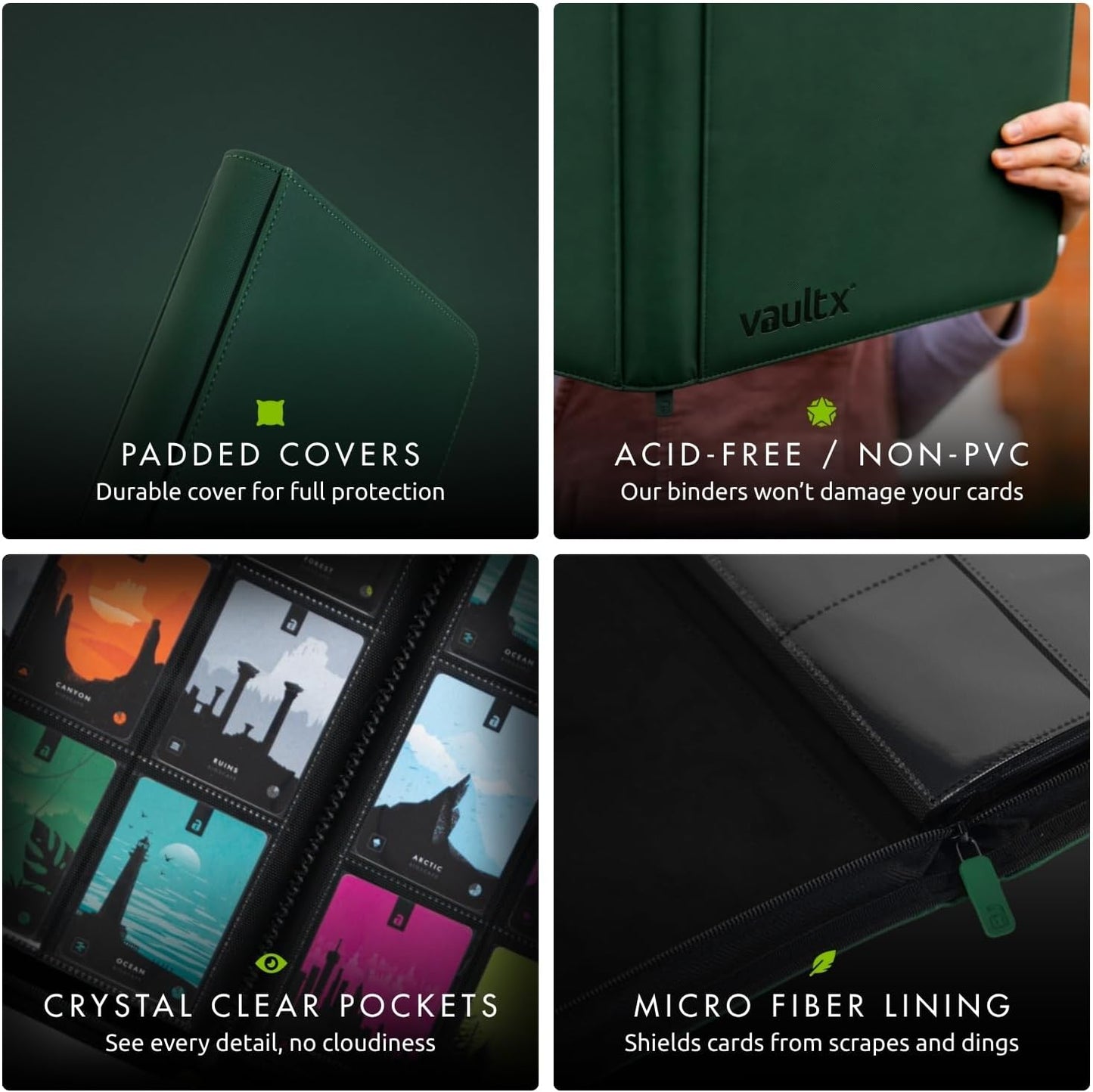 Vault X 9 Pocket Trading Card Zip Binder - Premium Exo-Tec Material, Holds 360 Cards, Green