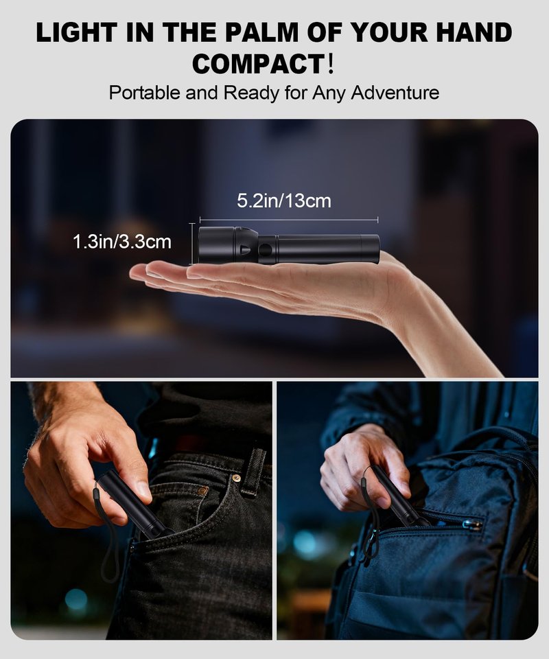 Small Powerful Flashlight Rechargeable High Lumens 3Packs-800L Pocket Bright Flash Light with 12H Long Life,5 Modes,Zoomable, USB C LED Tactical Flashlights for Home Emergency Camping Outdoor Rescue