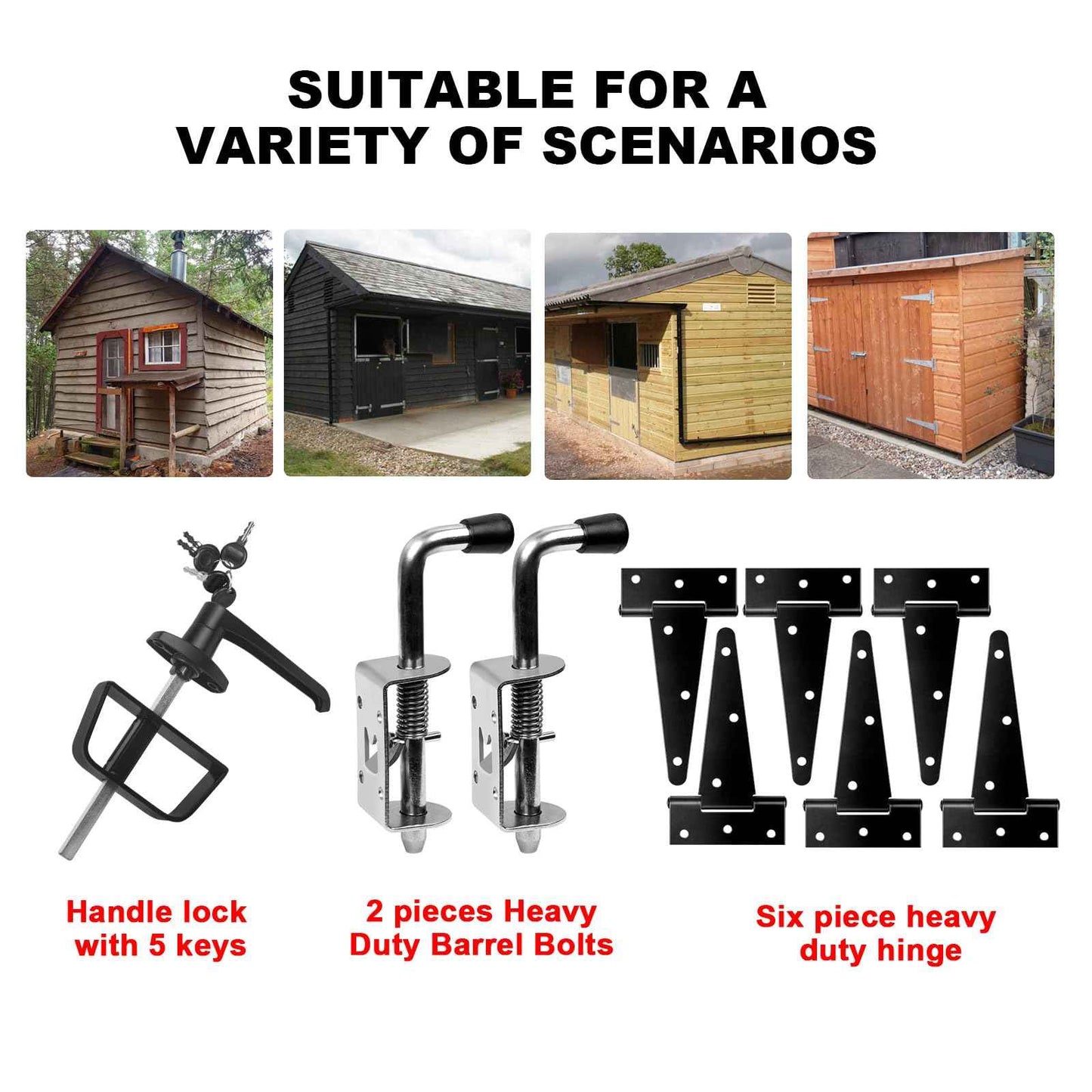 Double Door Shed Hardware Kit - Includes Barrel Bolt, Latch, and Double Door Hardware for Easy Installation for Gates, playrooms，Added Protection and Versatility