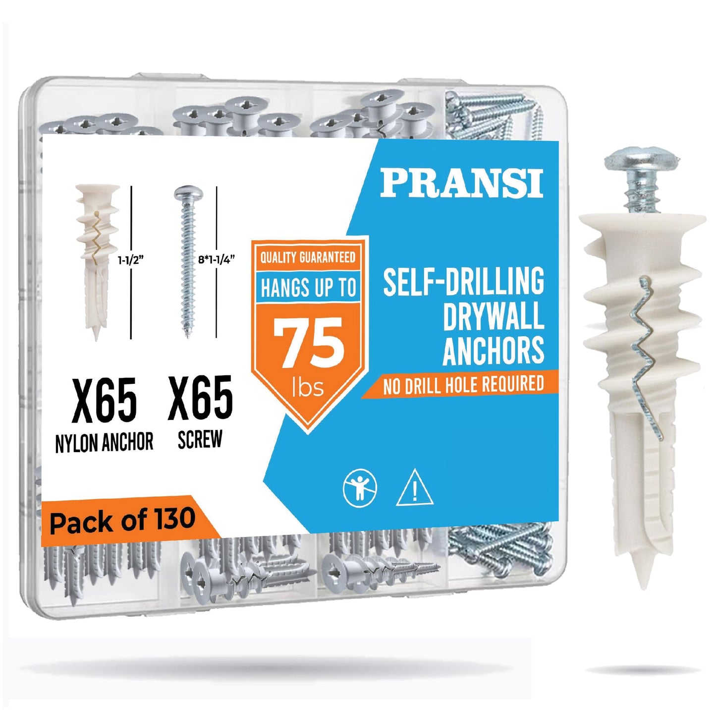 PRANSI 130pcs Drywall Anchors and Screws Kit – #8 x 1-1/4” Self Drilling Anchors – No Pre-Drill Required – Heavy Duty Wall Anchors for Drywall – Holds Up to 75lbs