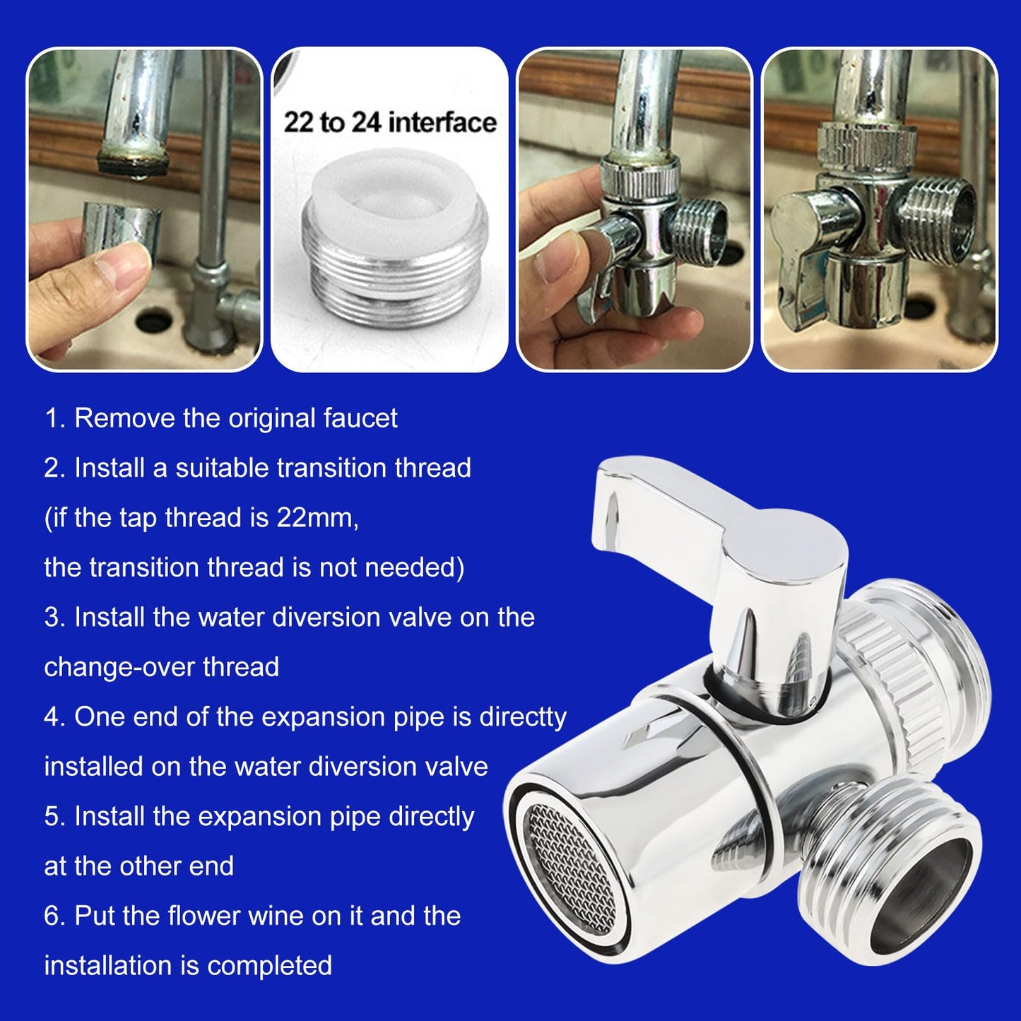 Sink Faucet Diverter Valve, PNXKTXO Sink Valve Diverter Faucet Splitter for G1/2" Shower Hose, Kitchen, Bathroom Replacement Part Adapter M22 X M24