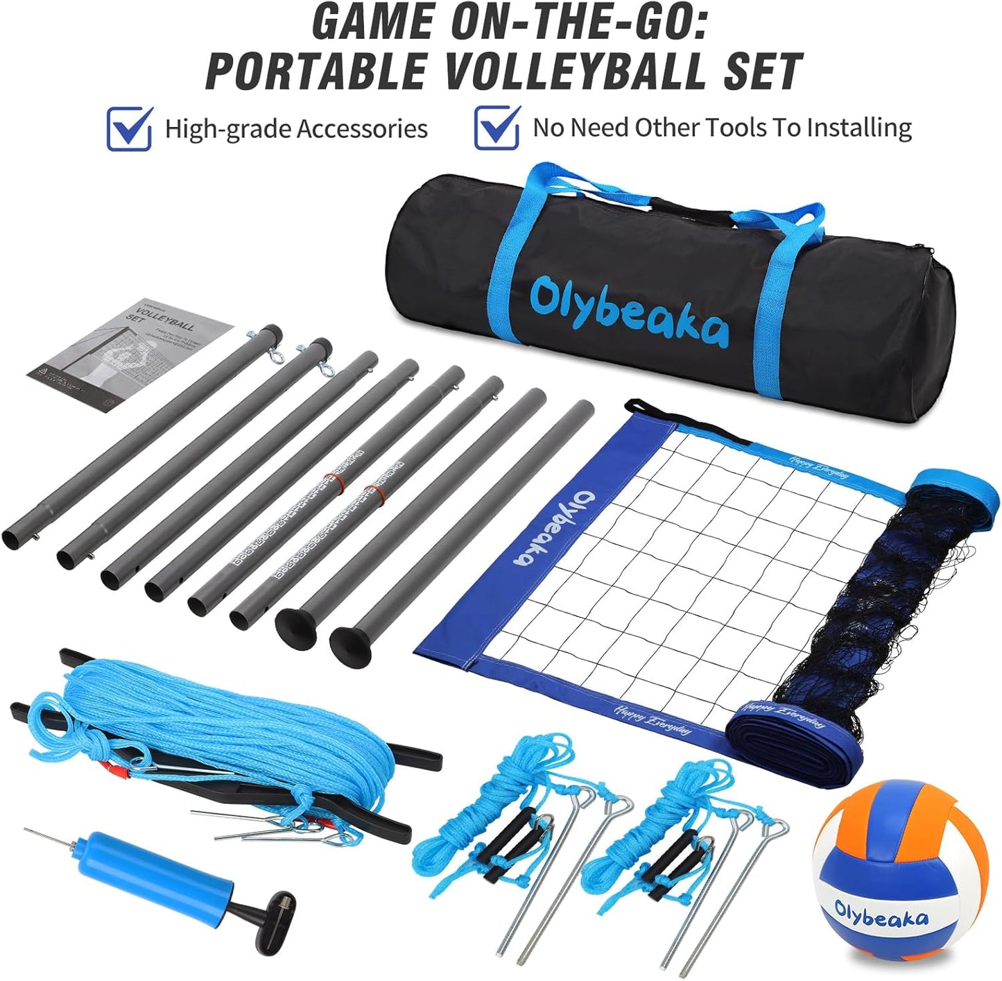 Skiennix Portable Outdoor Volleyball Net Set - Heavy Duty Poles, Durable Net & PU Volleyball | 32ft Blue