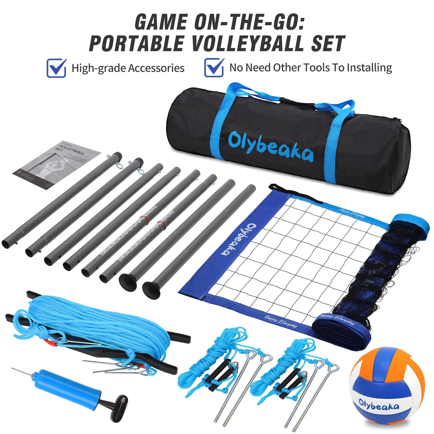 Outdoor Portable Volleyball Net Set for Backyard Beach with Adjustable Heavy Duty Poles, Durable Net, PU Volleyball & Pump, Carry Bag (Dark Blue and Light Blue, 32ft)