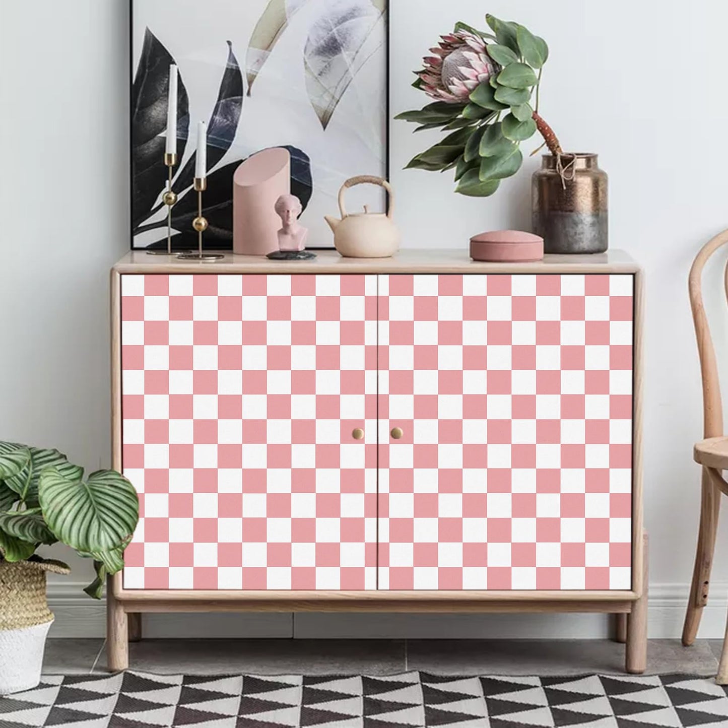 CAX Checkered Peel and Stick Wallpaper 17.3"x120" Pink and White Mosaic Checkered Contact Paper Peel and Stick Modern Self Adhesive Checkerboard Wallpaper for Bathroom Cabinets Shelf Liner Vinyl