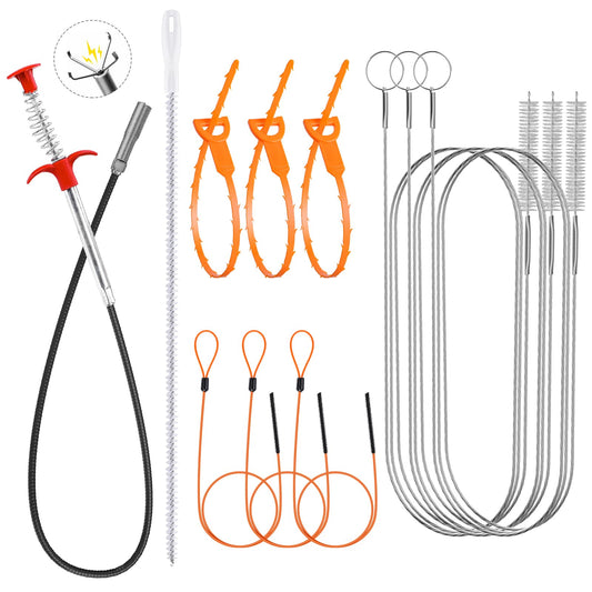11in1 Drain Snake Set with 24 inch Magnetic Sewer Cleaning Hook, 25 Inch Sink Snake Drain Tool, 34 inch Steel Snake Drain, 59 Inch Tube Drain Brush, 18inch Cleaning Brush for Toilet, Kitchen Sink