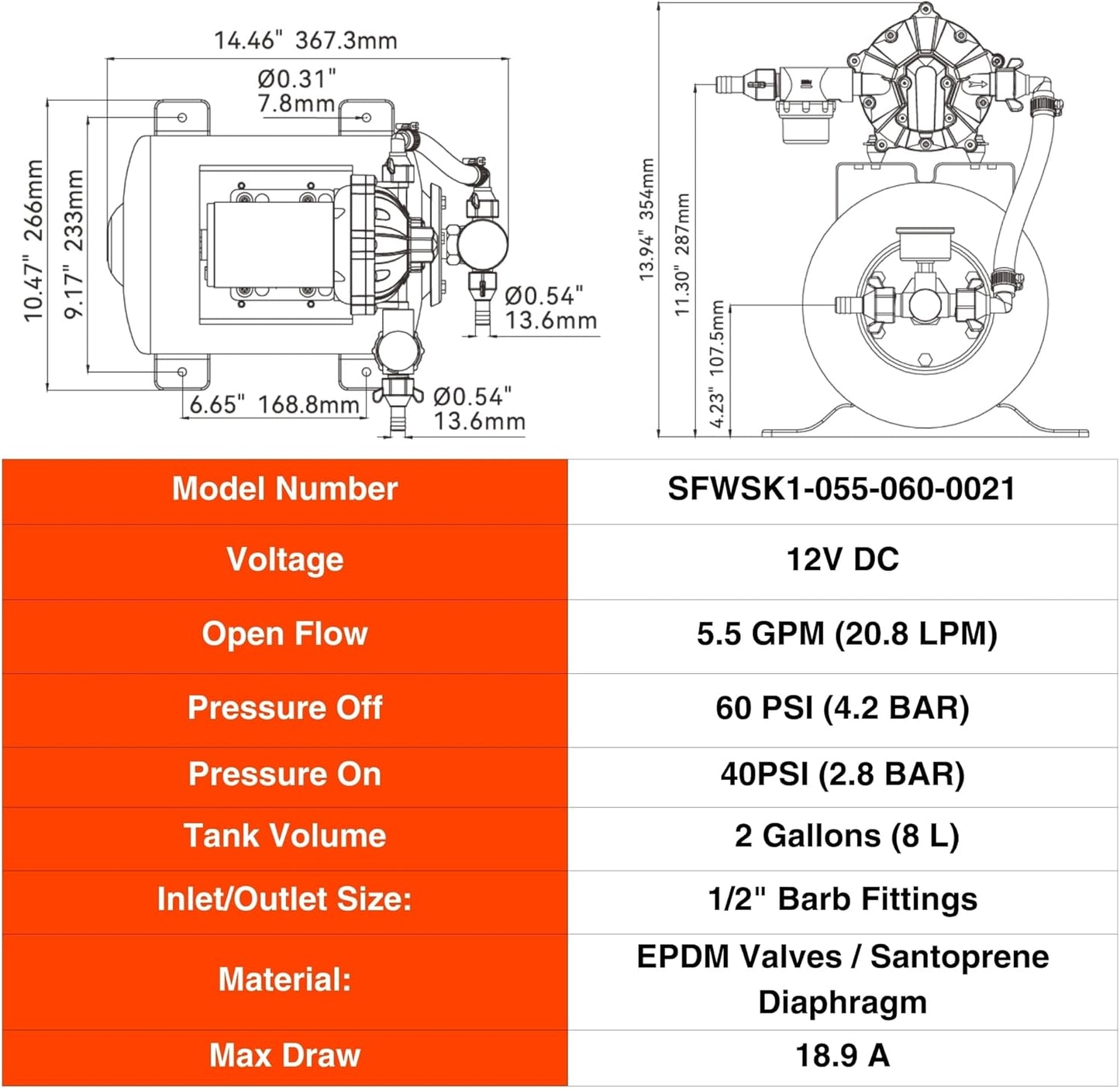 SEAFLO Marine Water Pump - 12V DC 60 PSI 5.5 GPM with 2 Gallon Accumulator Tank System | Quiet Operation & 4-Year Warranty