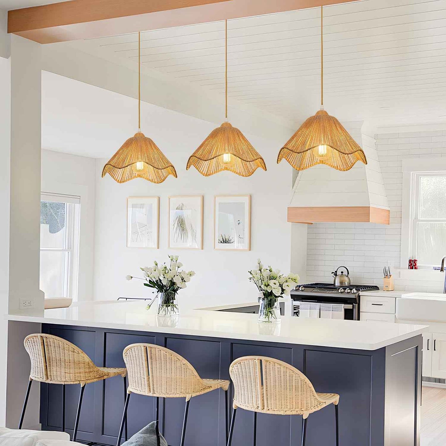 Rattan Chandelier Pendant Lights - 3 Pack Adjustable Height Boho Farmhouse Ceiling Fixtures for Kitchen & Dining Room
