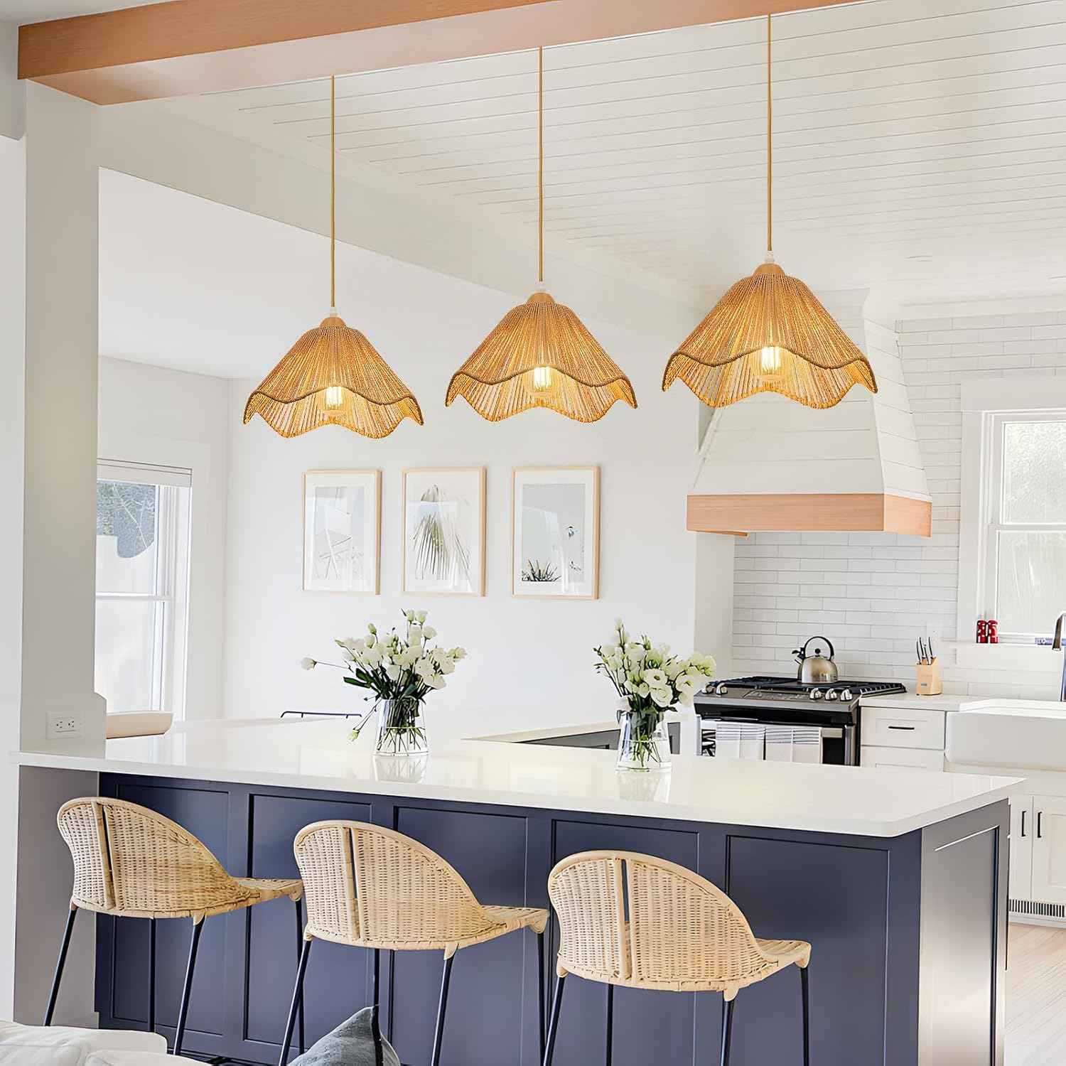 Rattan Chandelier Pendant Lights - 3 Pack Adjustable Height Boho Farmhouse Ceiling Fixtures for Kitchen & Dining Room