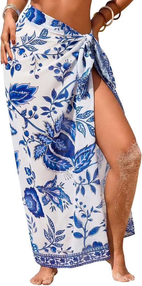 Herseas Sheer Sarong - High Slit Floral Print Chiffon Swimsuit Cover-Up | One Size for Summer Beach Wear