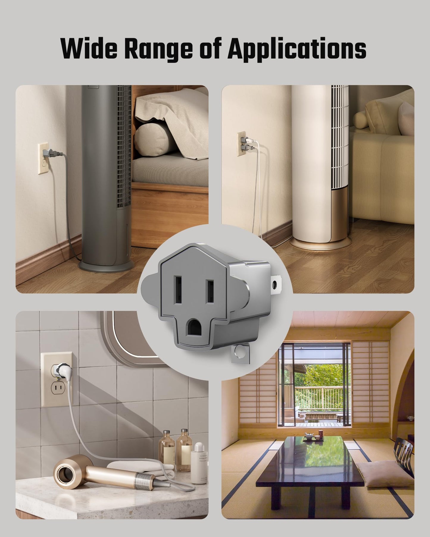 2 Prong to 3 Prong Outlet Adapter, SUPERDANNY ETL Listed 3-2 Prong Adapter, Fire-Retardant (392℉) PBT Material, Heavy Duty Wall Plug Adapter for Old Homes, Travel to Japan, Gray, 6-Pack