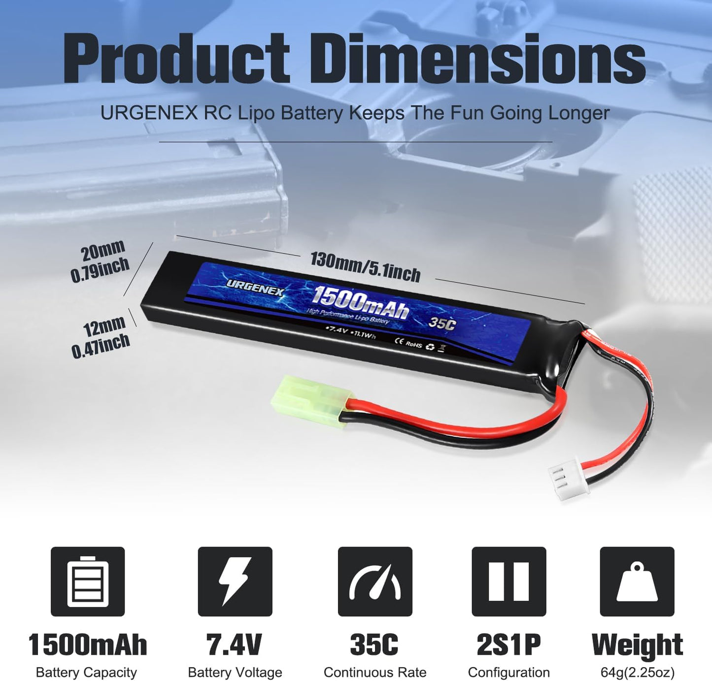 URGENEX 7.4V 1500mAh Airsoft Lipo Battery Pack - High Discharge Rate with Mini Tamiya Plug & USB Charger