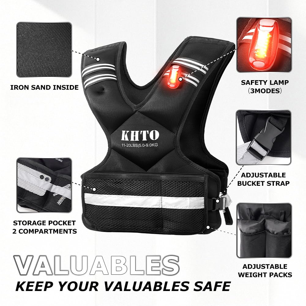 KHTO Adjustable Weighted Vest for Men and Women – X Shaped Weight Vest with Warning Light, Reflective Strip – Weighted Walking Vest Strength Training Weight Vests for Home, Gym (11-20lb)