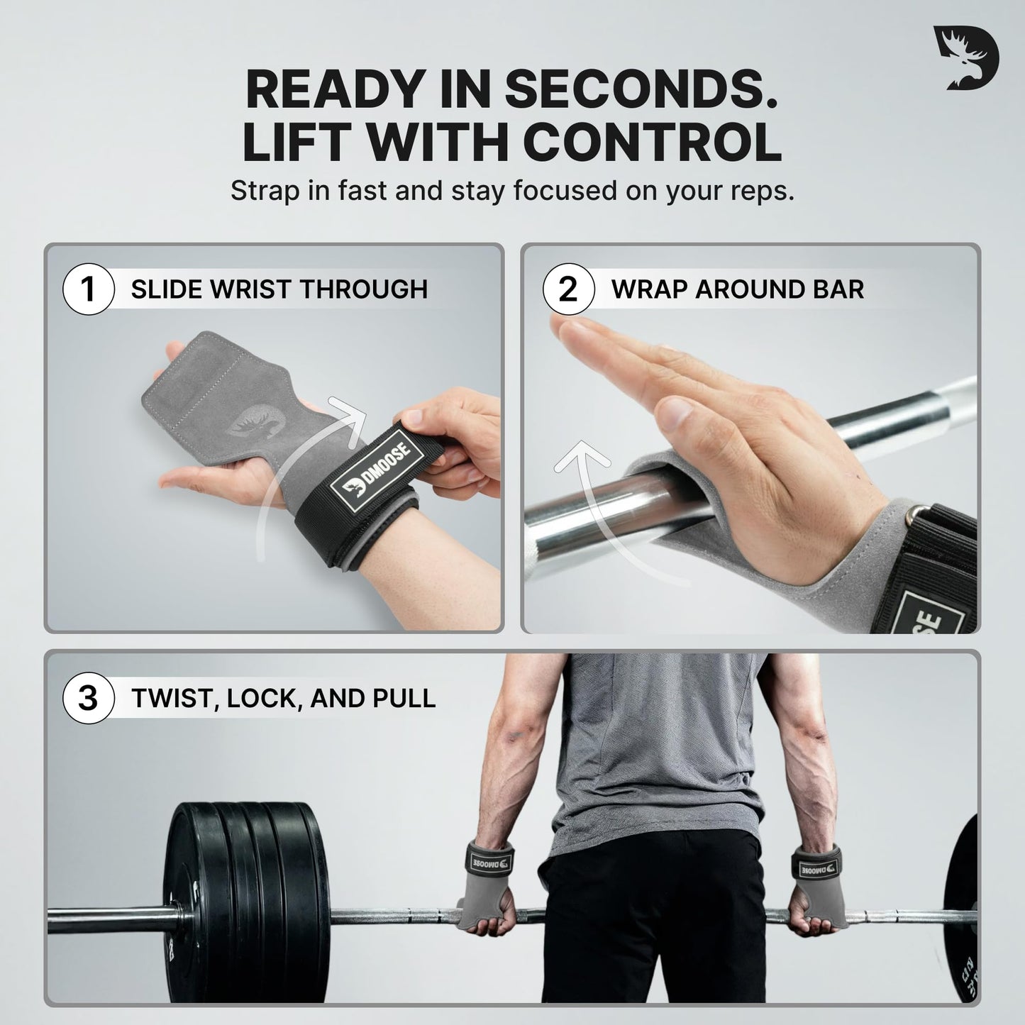DMoose Fitness Weight Lifting Grips - Anti Slip Neoprene Padded Gym Straps for Powerlifting, Cross Training & Pullups - Wrist Support Grips for Deadlifts & Weight Lifting (Gray)