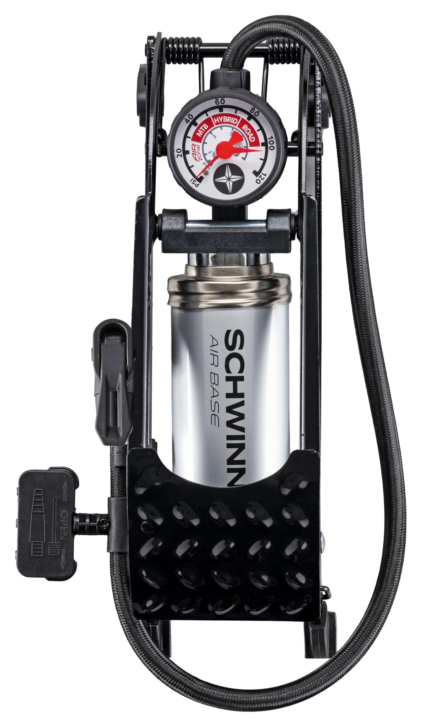 Schwinn Air Base Foot Pump, Air-Zoned Pressure Gauge, High Pressure Foot Pump, Dual Head Nozzle Fits Both Schrader and Presta, Up to 120 PSI, Grey