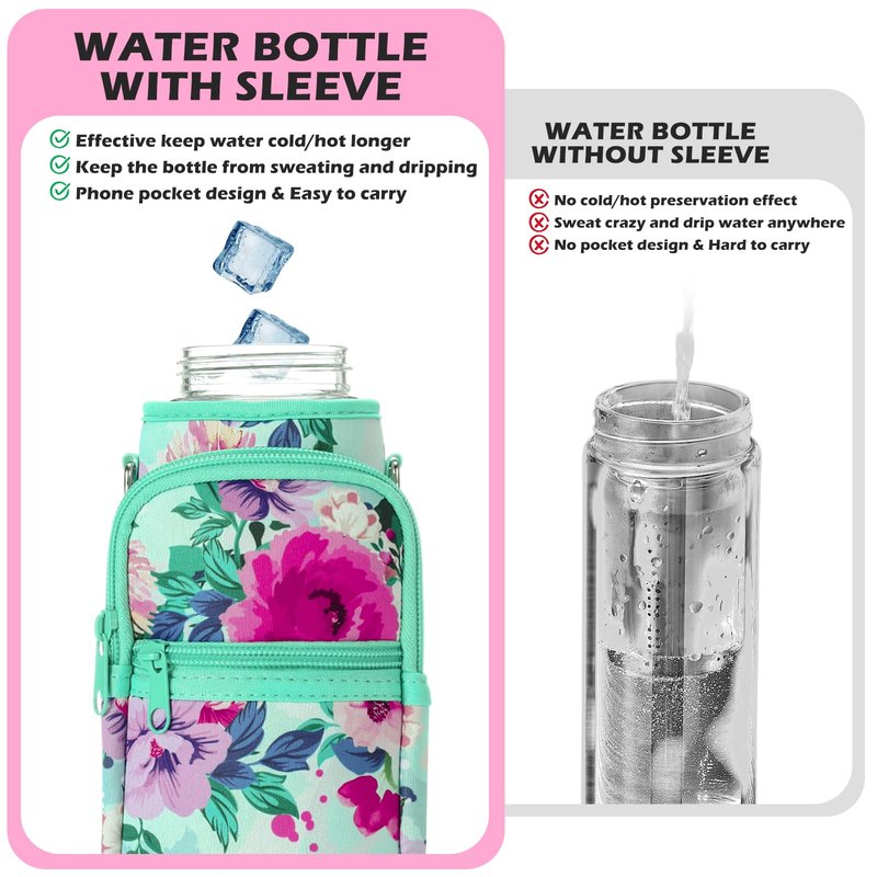 Singhoow 4 Pack 32 oz Water Bottle Sleeve with Strap, Crossbody Bottle Carrier Bag with Phone Holder for Walking Hiking Gym Travel(Flower Style,Bright Colors)