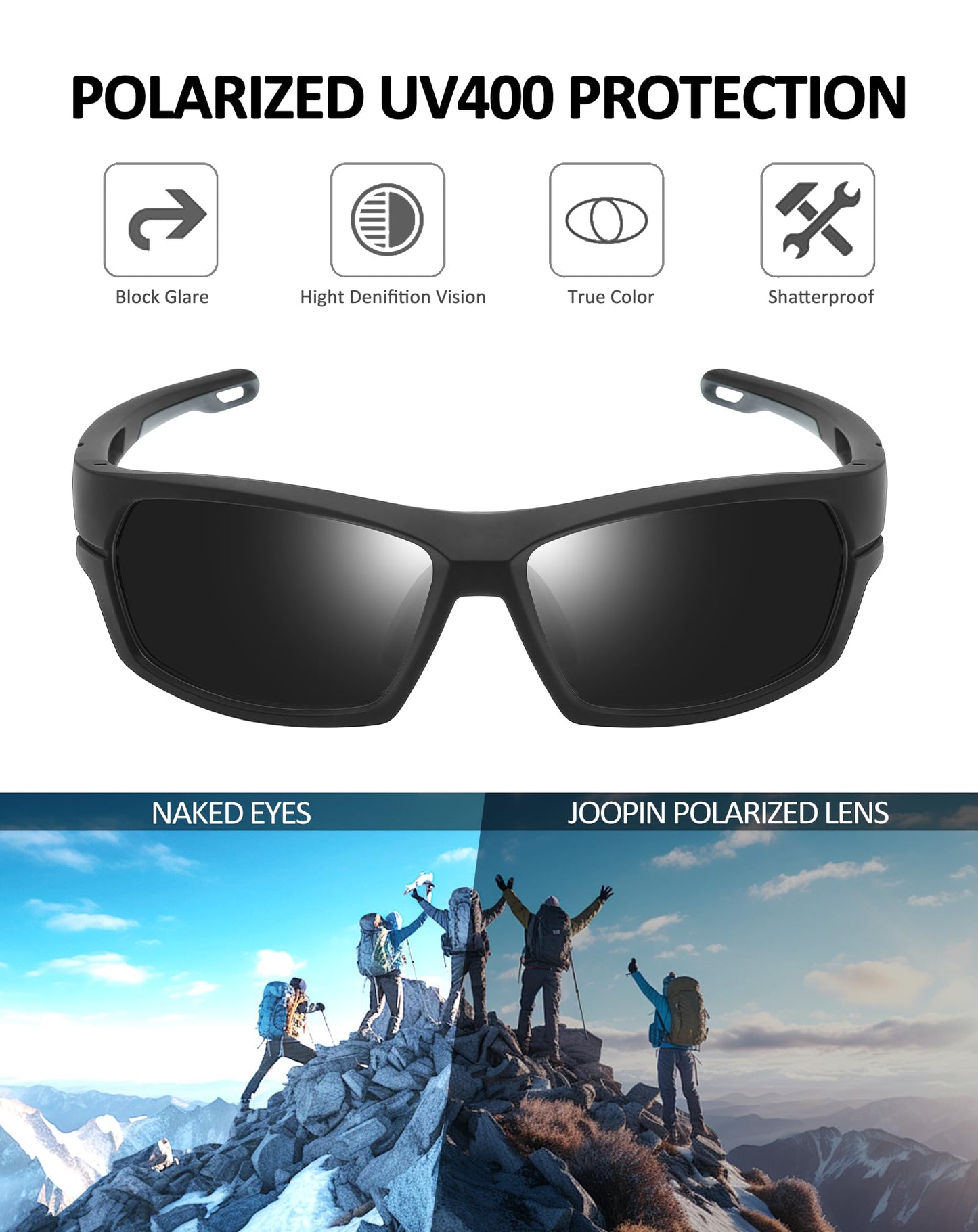 Joopin Black Sports Sunglasses Polarized UV Protection Wrap Around Sun Glasses Shades for Women Men Running Driving