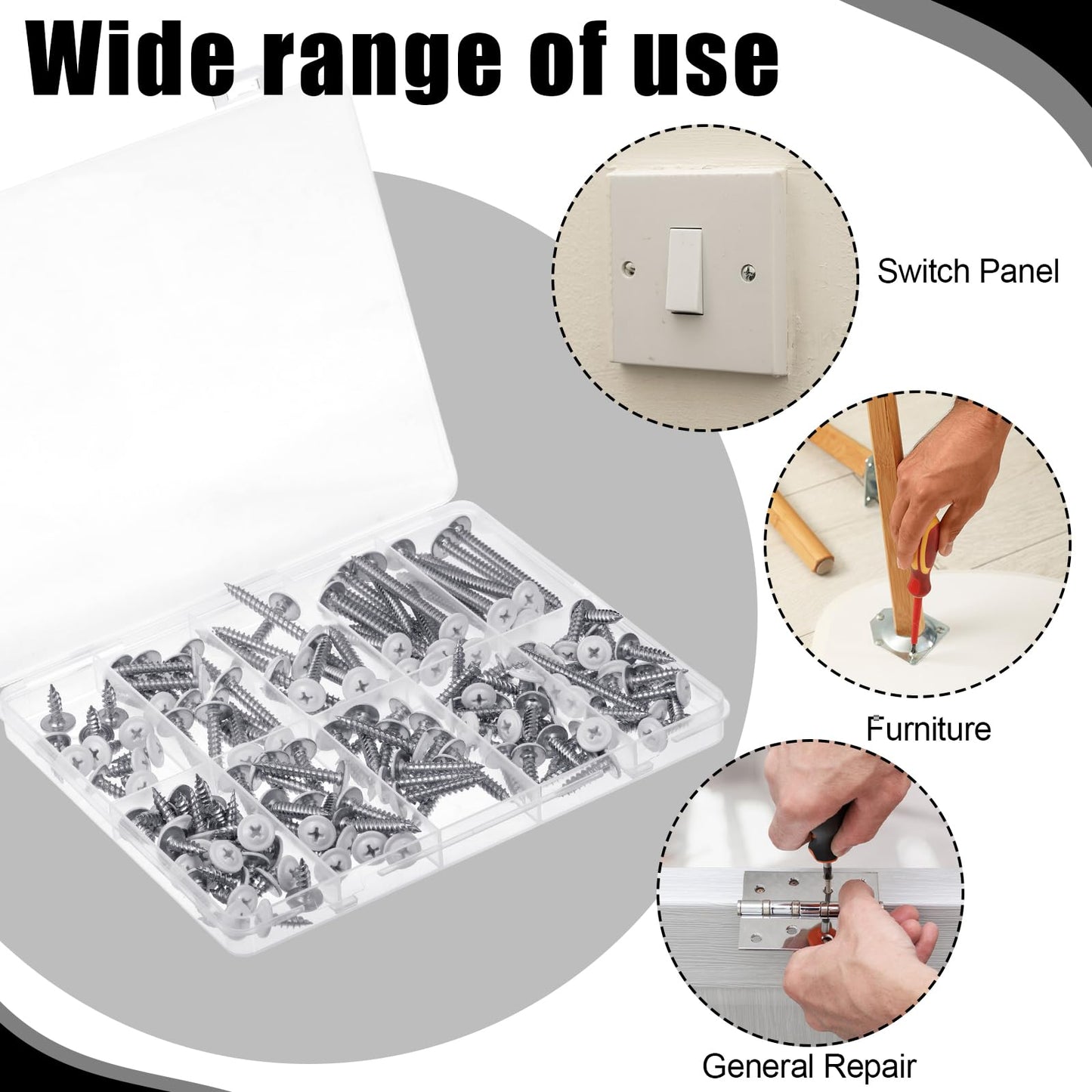 150PCS White Head Screws #8 Wood Screws for 3.6mm-3.8mm Holes,1/2”, 3/4”, 1”,1-1/4”, 1-1/2”, 2” Size White Pan Cabinet Screws for Wood, Shutters,Book Shelf,Wall Plate,Shiplap,Blank Plates