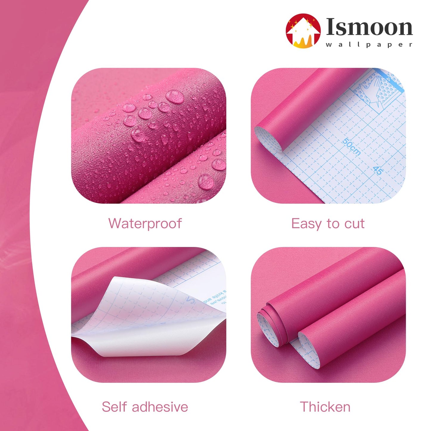 Ismoon 17.7inx118in Pink Wallpaper Peel and Stick Wallpaper Pink Contact Paper Waterproof Removable Self-Adhesive Renter Friendly Bathroom for Cabinets Decor Vinyl