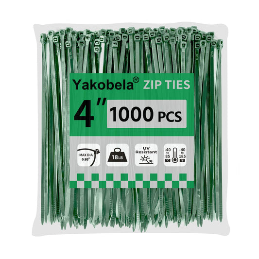 Green Zip Ties 4", 1000 Pack, Cable Ties UV Resistant, Wire Ties 18 lbs Tensile Strength for Garden, Plants, Fence, Holiday Lights, Yakobela