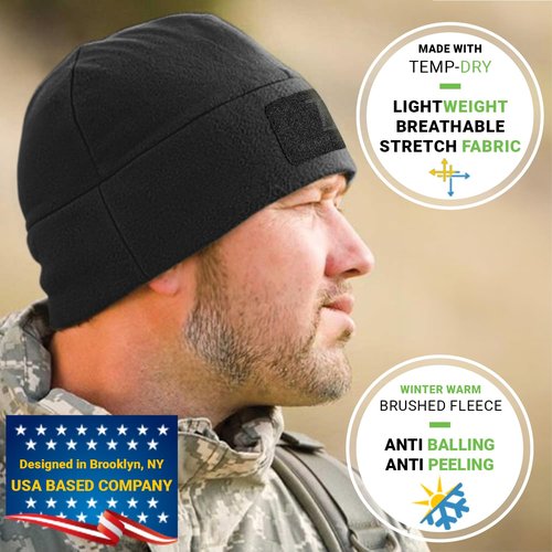 Temple Tape Tactical Beanie Hat - Front & Back Patch Panel - Multi Season Military Hats for Men - Mens Patch Army Beanies - Black - One Size