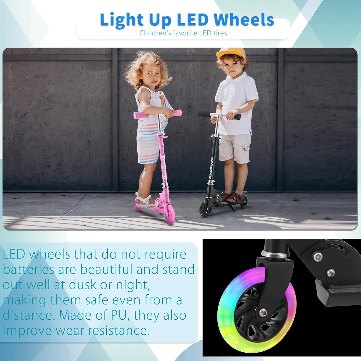Skiennix Kids Scooter - Light-Up Wheels, 3 Adjustable Height Levels, Rear Brake for Safety