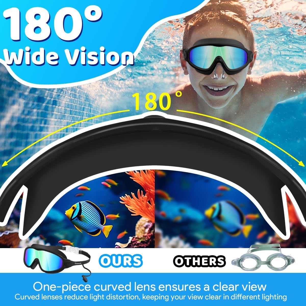 Vvinca Swim Goggles - Anti-Fog UV Protection with Earplugs & Nose Clip | Wide View for Kids Ages 3-15