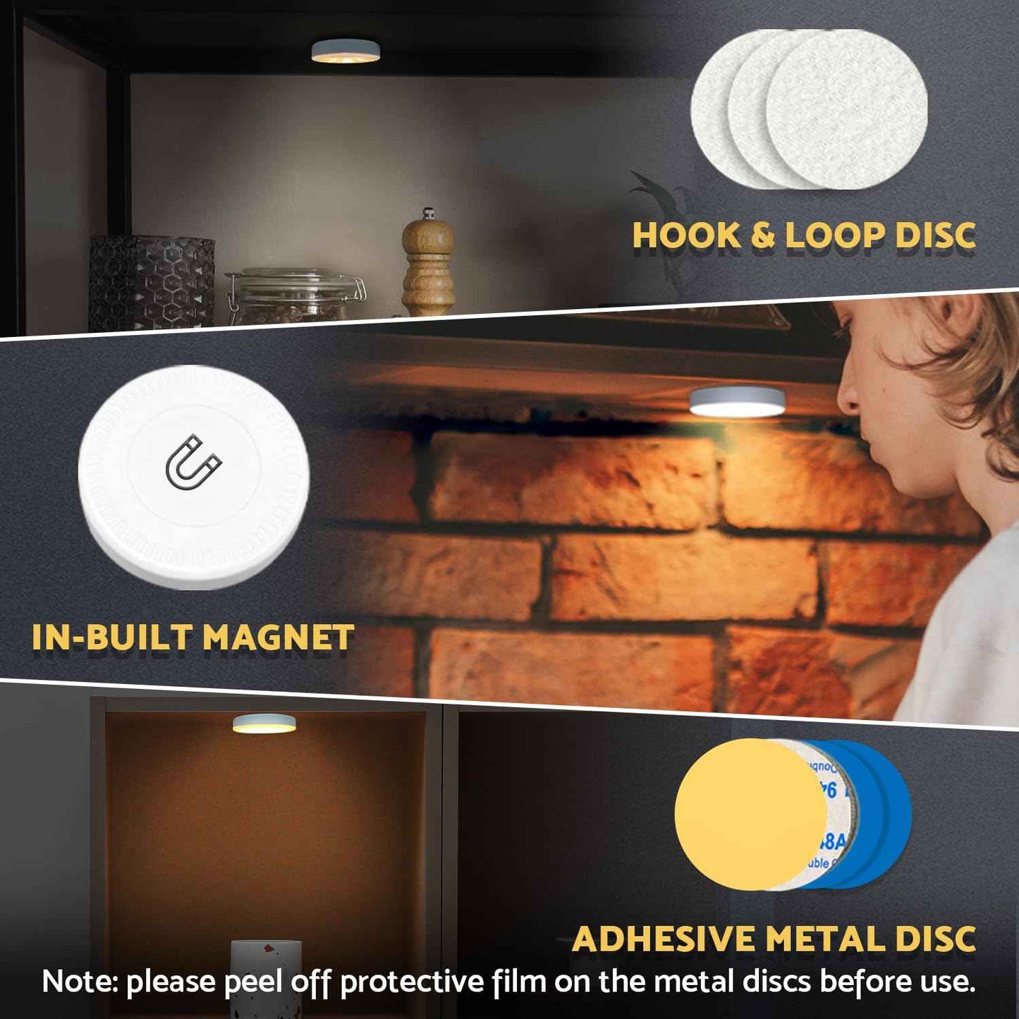 DAZZY DOT Rechargeable Puck Lights 2 Pack, Magnetic Tap Light 1000mAh Battery Powered, Warm Yellow, Dimmable Touch Light Stick on for Closet, Locker, Cabinet, Bedside, Kitchen