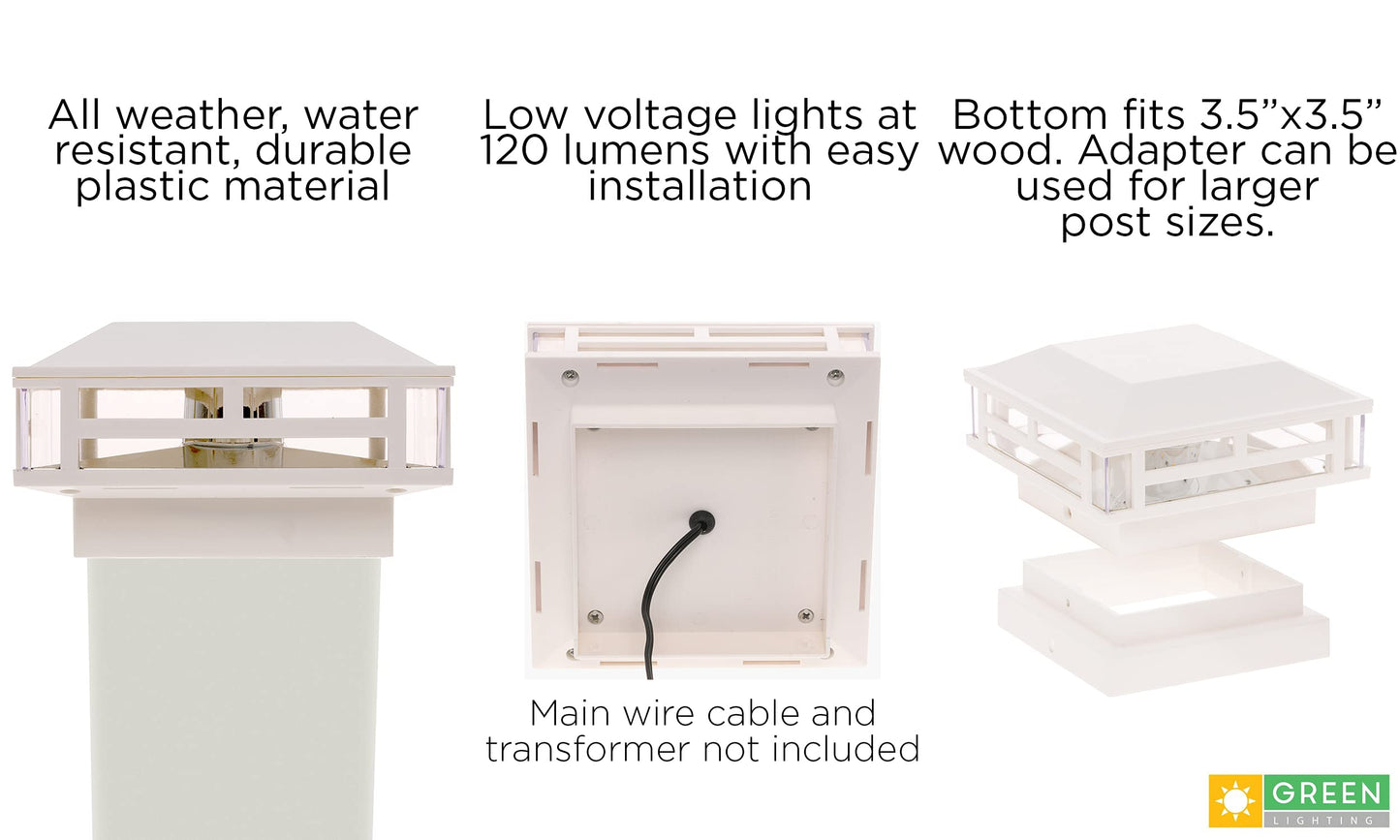 GreenLighting 2 Pack Modern Low Voltage Powered 120 Lumen LED Post Cap Light for 4x4 or 5x5 Posts (White)