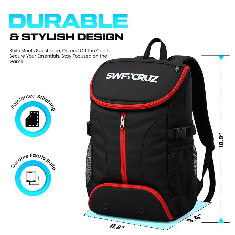 SWFTCRUZ Tennis Bag, Tennis Backpack for Women and Men, Hold 2 Tennis Racket, Pickleball Paddles, Lightweight Oxford Tennis Racket Bag with Ventilated Shoe Compartment
