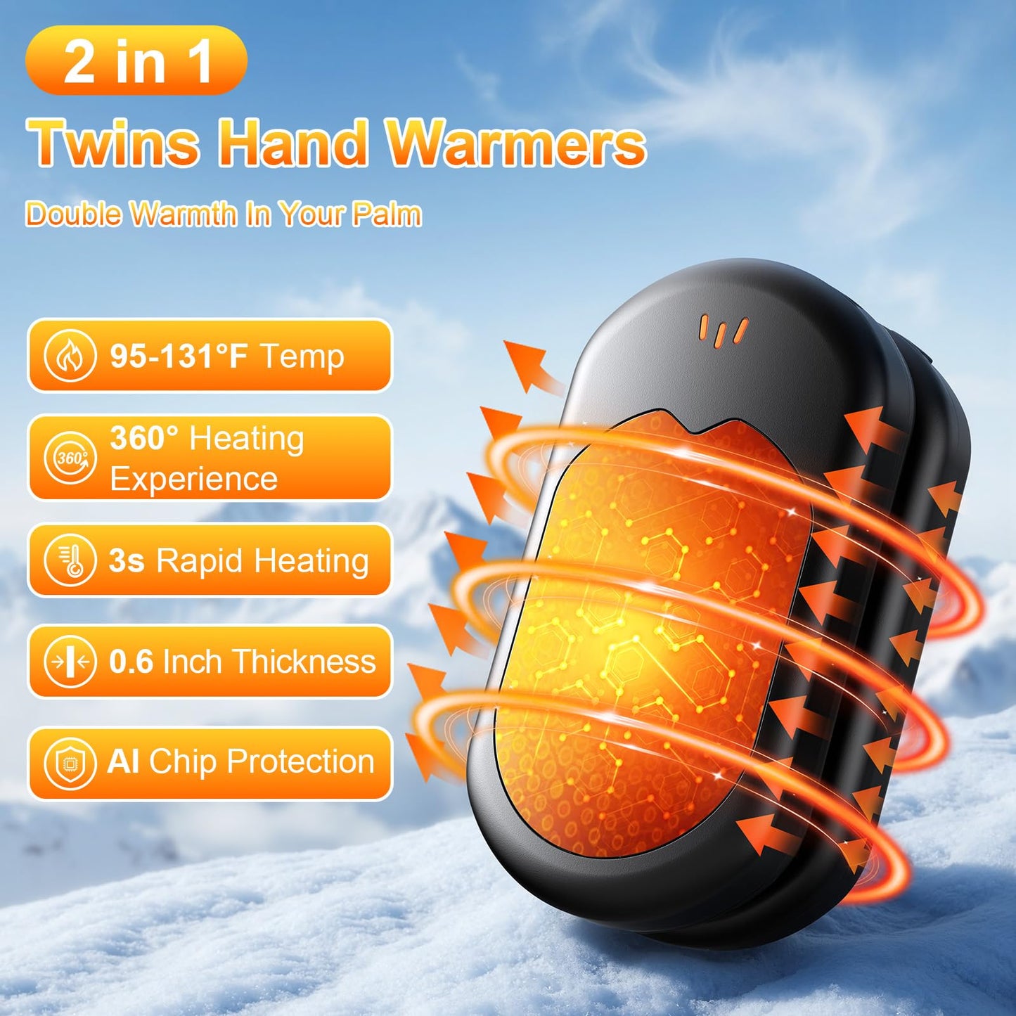 Electric Hand Warmers Rechargeable 2 Pack with 3 Heating Mode,Portable Hand Heater,Smart Chips,USB Quick Charge, Winter Gifts for Christmas, Outdoor, Golf, Hunting, Camping,Valentine's Day Gifts